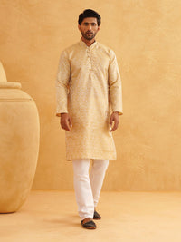 SOJANYA Men Golden & Off White Woven Design Kurta