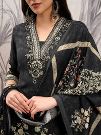 Vishudh Black & Gold Toned Floral Embroidered Straight Kurta with Trousers & With Dupatta