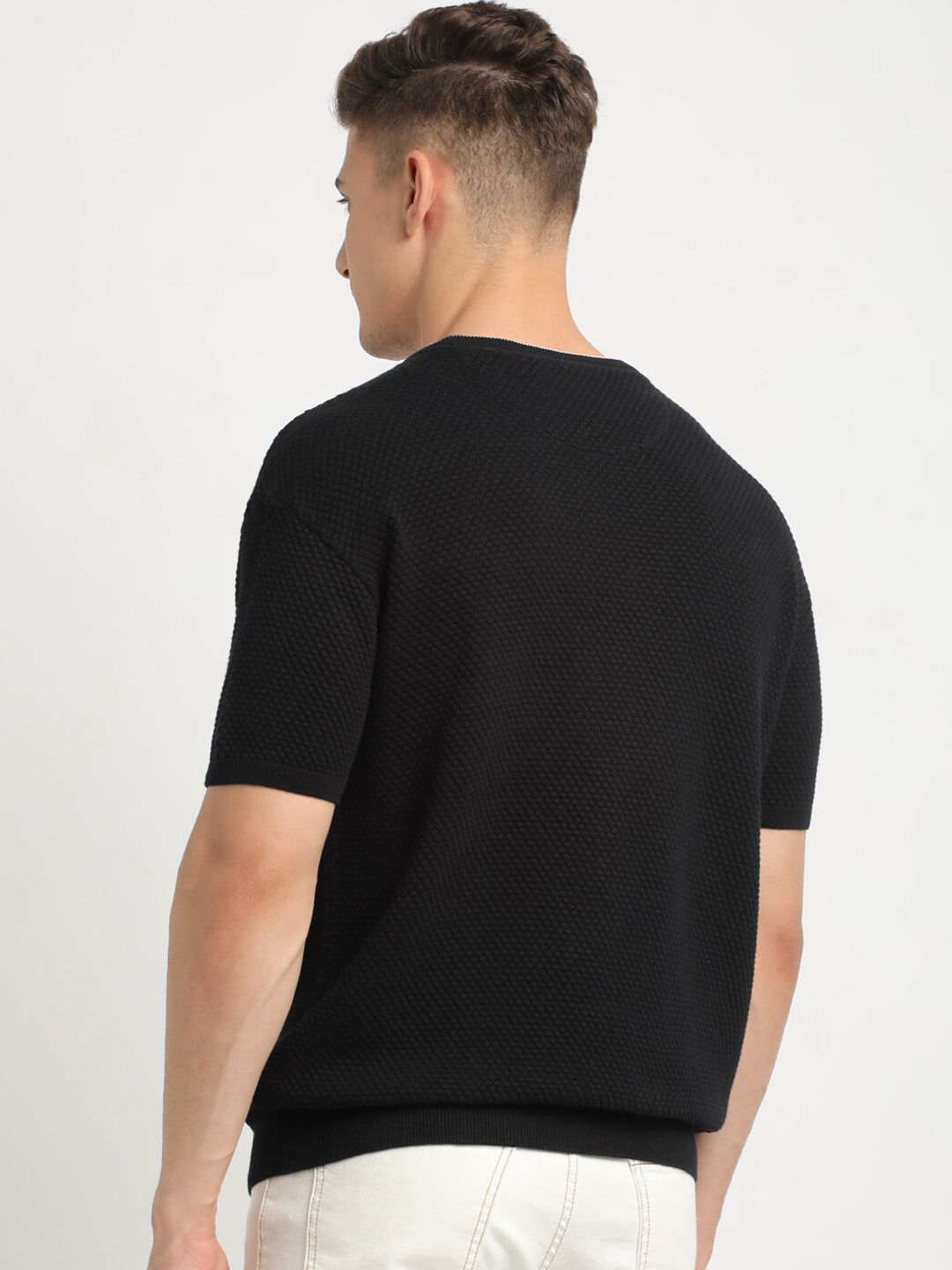 THE BEAR HOUSE Self Design Round Neck Drop-Shoulder Sleeves Cotton T-shirt