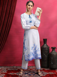 Vishudh Blue Floral Printed Regular Kurta With Trousers