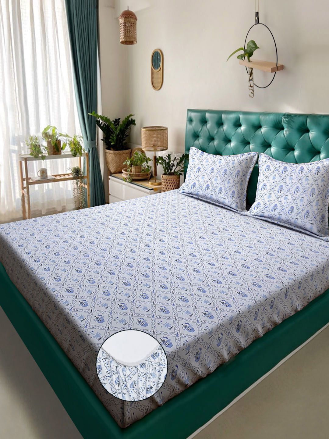 Myntra Elegant Homes Kapas Bunga Putih 300 TC Dilengkapi Cadar King Halus dengan 2 Sarung Bantal-98 x 89 inci