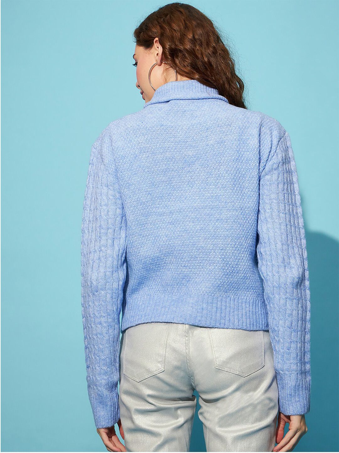 STREET 9 Blue Cable Knit Turtle Neck Long Sleeves Acrylic Pullover Sweater