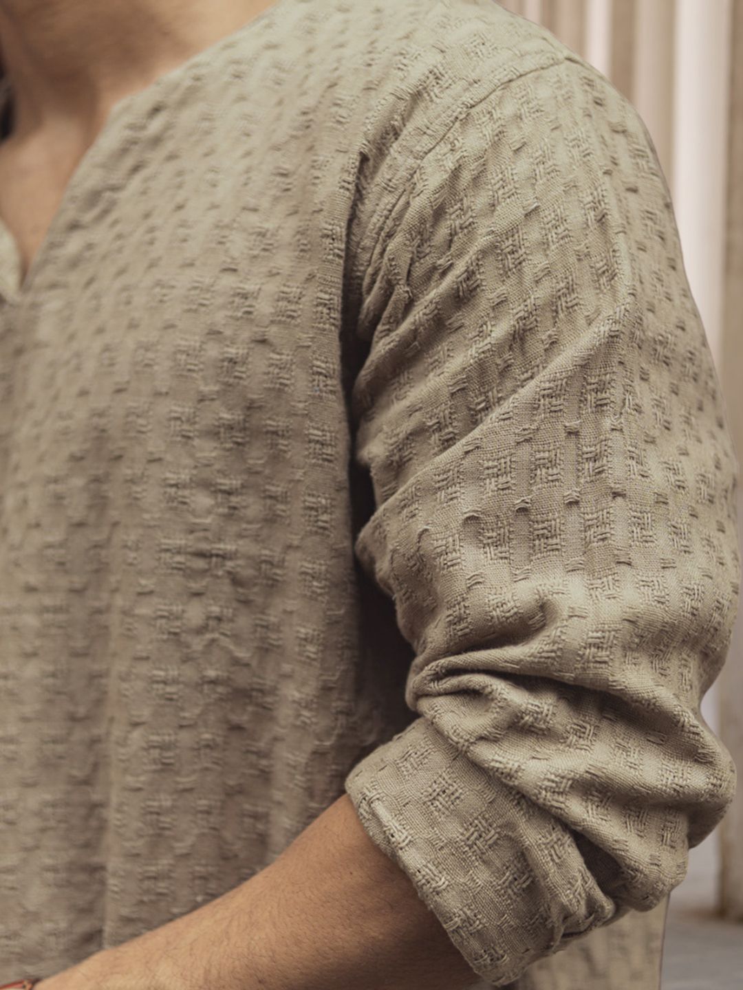 Powerlook Men Collarless Popcorn Texture Pure Cotton Casual Shirt