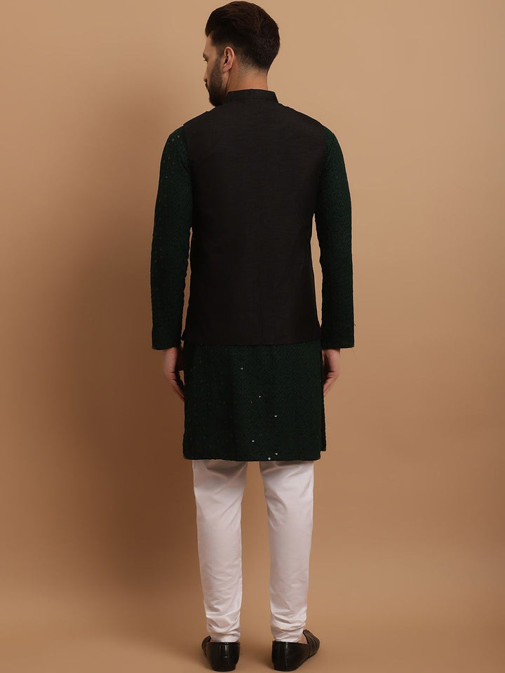 SOJANYA Etnik Sulam Labuci Kapas Tulen Kurta & Churidar Dengan Jaket Nehru