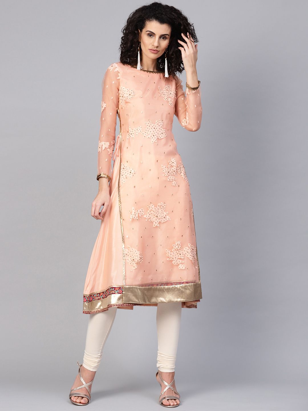 WISHFUL by W Women Peach-Coloured Printed A-Line Layered Kurta