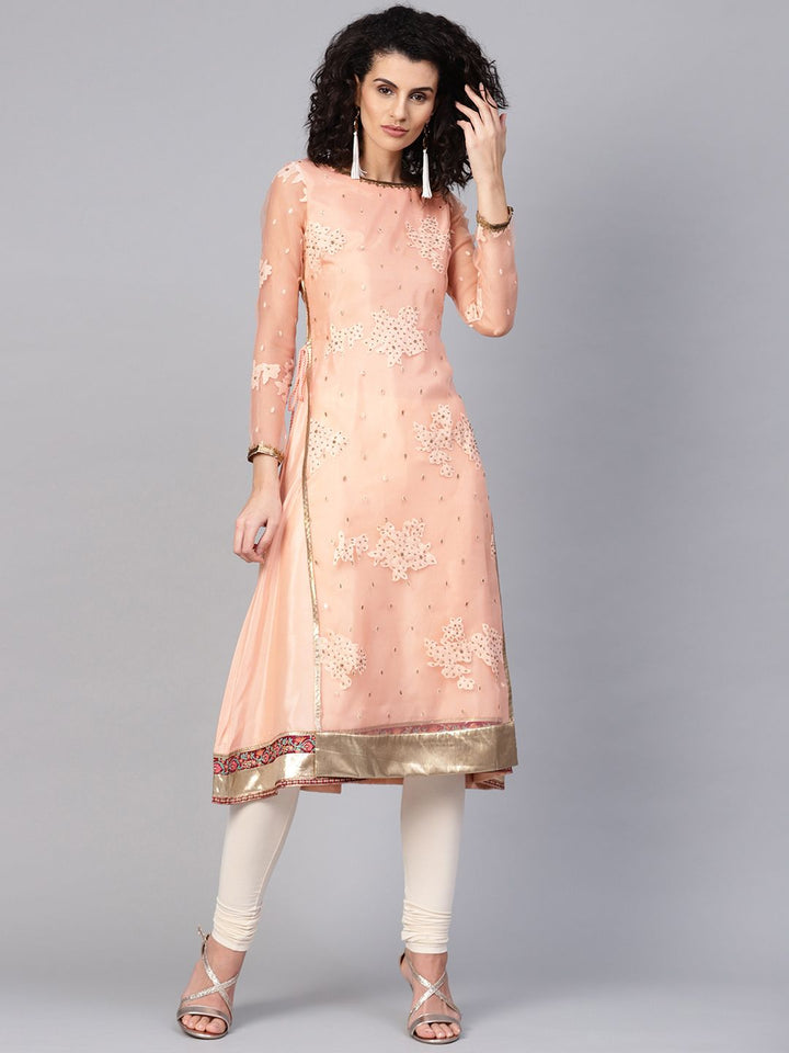 WISHFUL by W Women Peach-Coloured Printed A-Line Layered Kurta