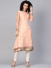 WISHFUL by W Women Peach-Coloured Printed A-Line Layered Kurta