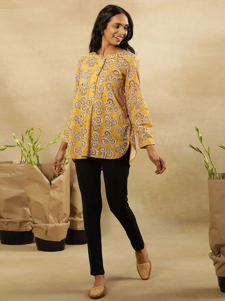 Folk Song  Mandarin Collar Printed Long Sleeves Cotton Top
