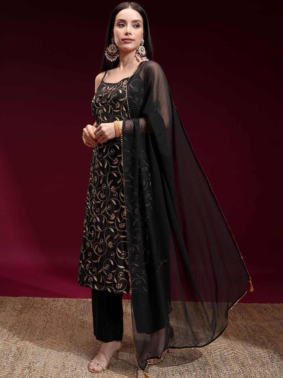 Vishudh Women Embroidered Kurta with Elasticated Pants and Dupatta