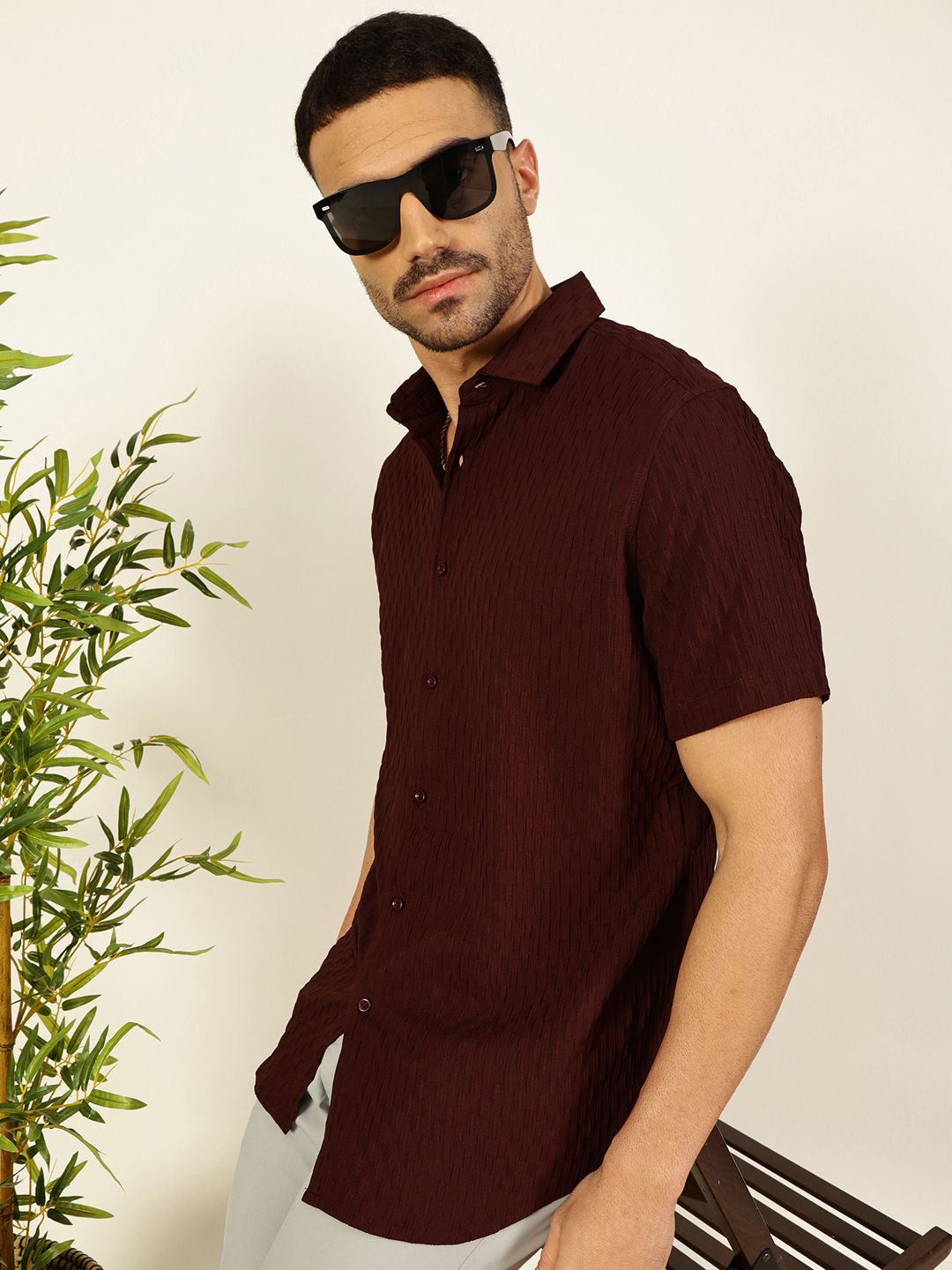 Thomas Scott Men Premium Spread Collar Textured Casual Shirt