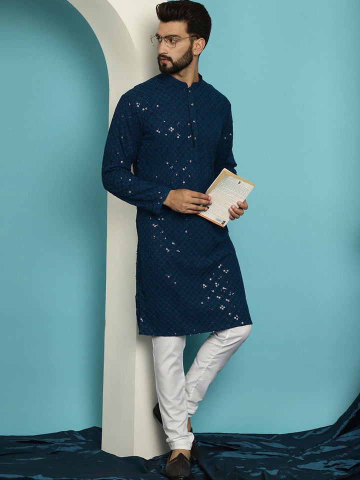SOJANYA Geometric Embroidered Mandarin Collar Long Sleeves Pure Cotton Kurta With Churidar