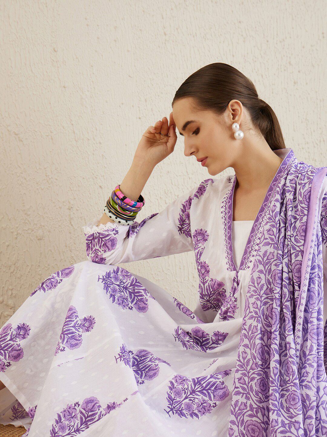 Indo Era V-Neck Floral Printed Panelled Pure Cotton Kurta Set