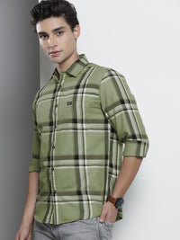 The Indian Garage Co Men Olive Green & White Tartan Checks Checked Cotton Casual Shirt