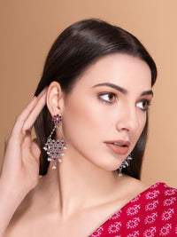 PANASH Silver-Plated Stones Studded And Beaded Contemporary Shaped Oxidized Drop Earrings