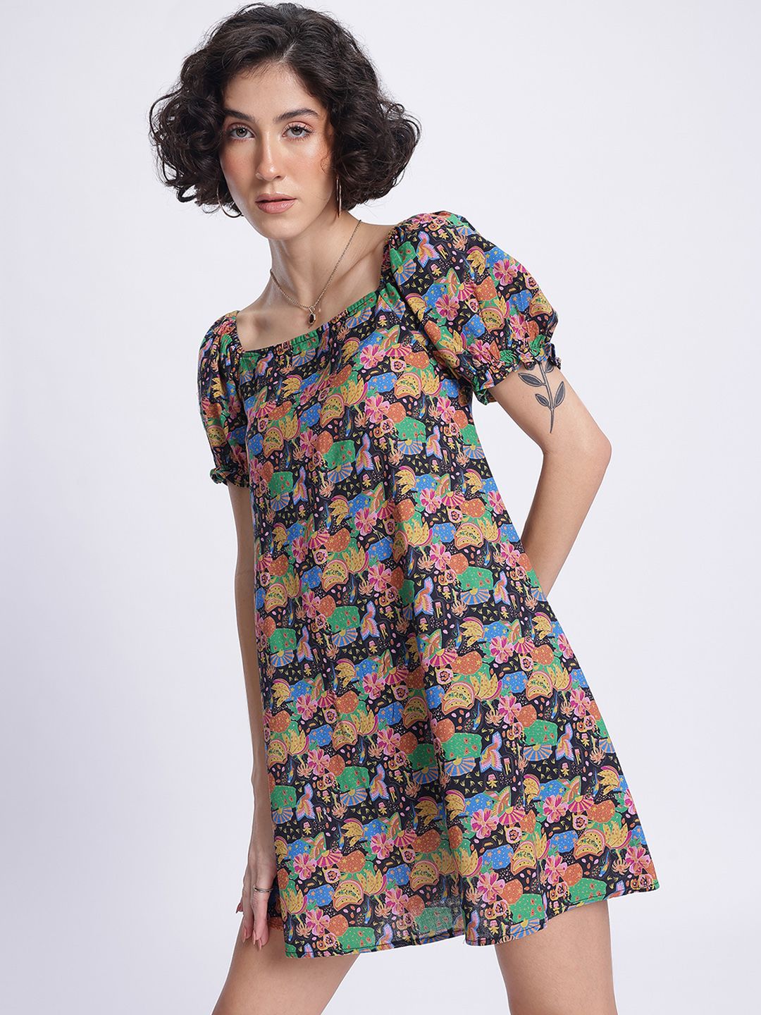 DressBerry Indie Vibe Printed Tie-Up Back A-Line Mini Dress