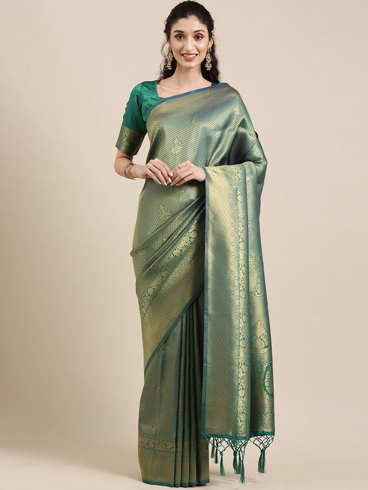 Saree mall Green & Gold-Toned Ethnic Motifs Zari Silk Blend Banarasi Sarees
