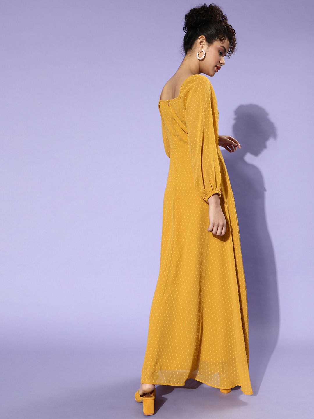 Berrylush Women Stylish Mustard Self-Design Puff Sleeves Dress