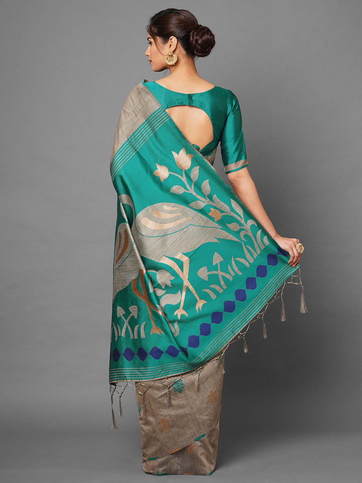Saree mall Beige & Sea Green Ethnic Motifs Silk Cotton Banarasi Saree