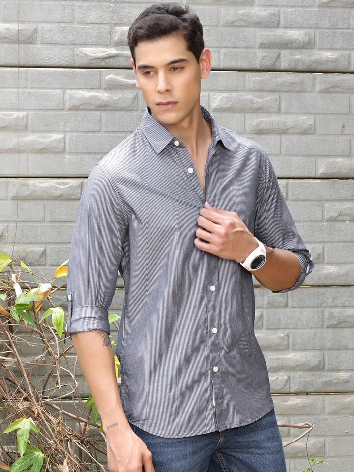 Thomas Scott Premium Fit Striped Spread Collar Roll-Up Sleeves Cotton Casual Shirt