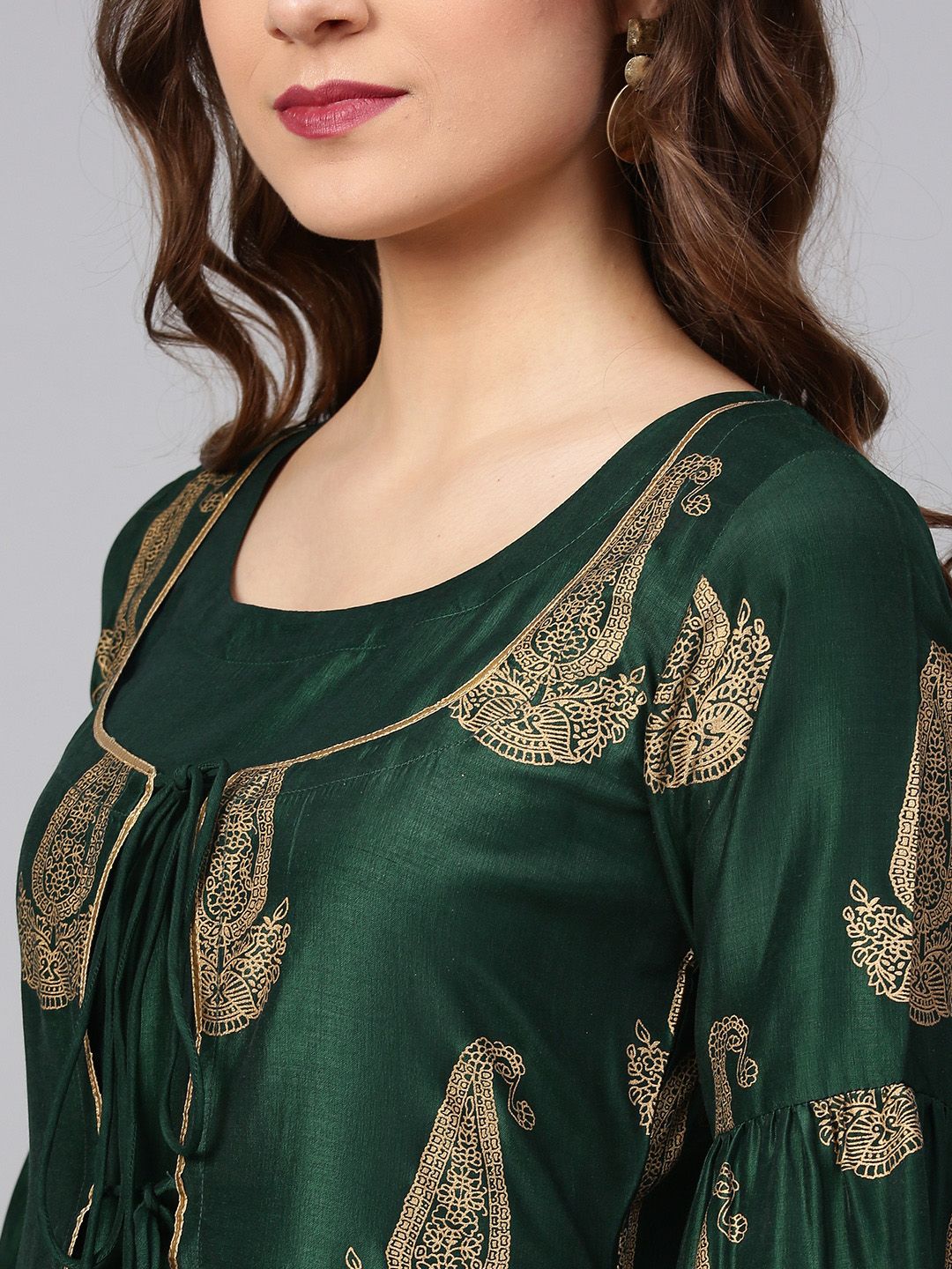 Libas Women Green & Golden Printed Maxi Dress With Ethnic Jacket