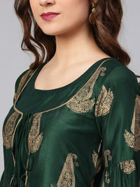Libas Women Green & Golden Printed Maxi Dress With Ethnic Jacket