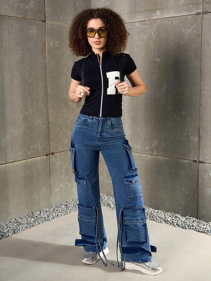 SASSAFRAS Women Typography Printed High Neck Pockets Slim Fit T-shirt