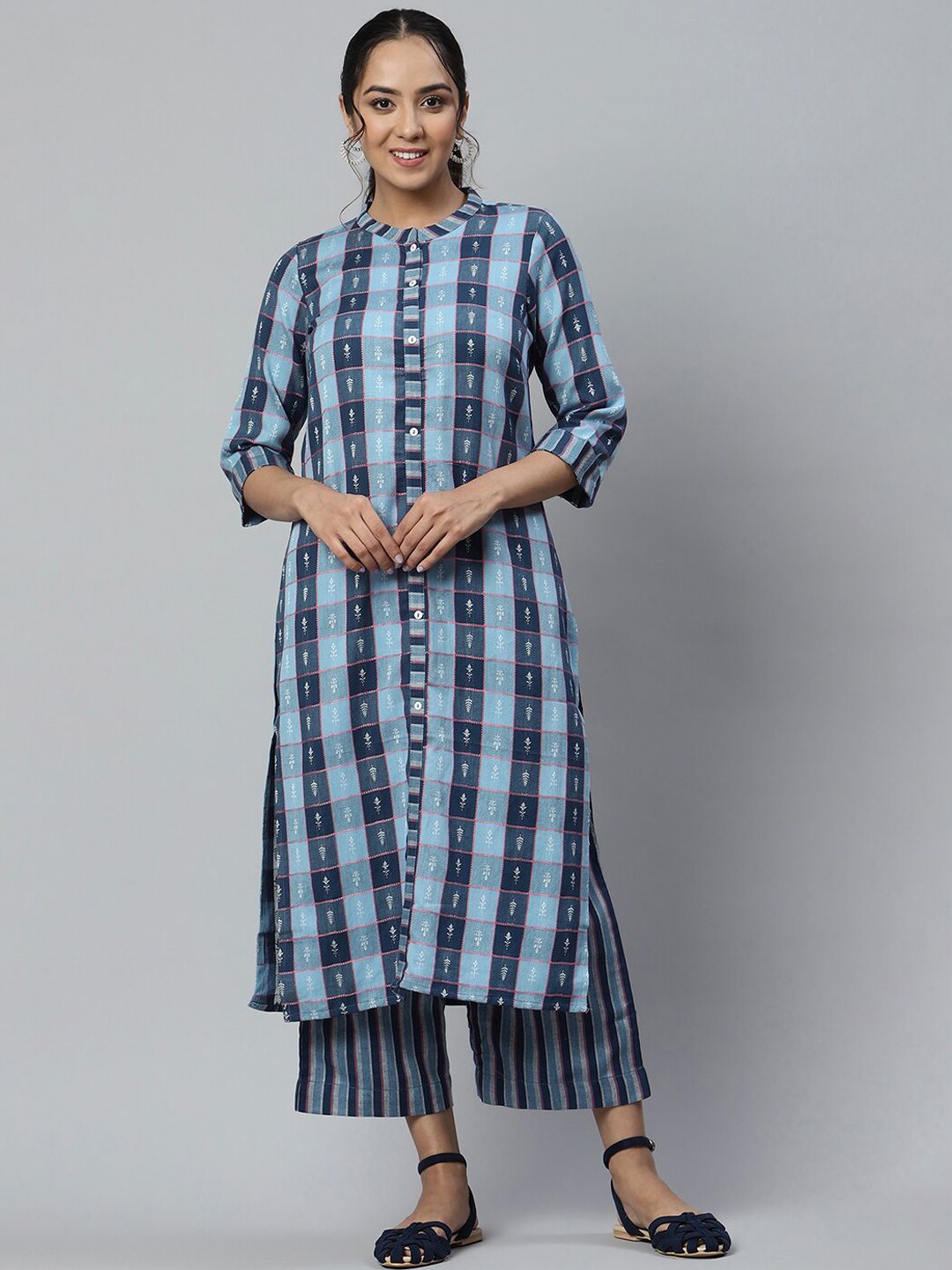 AURELIA Women Blue Printed Chanderi Cotton Kurta Set