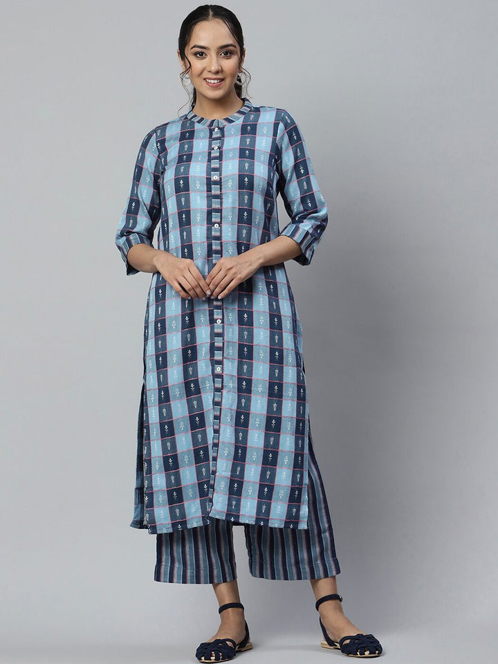 AURELIA Women Blue Printed Chanderi Cotton Kurta Set