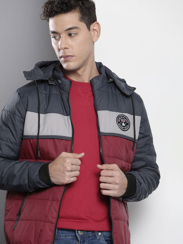 The Indian Garage Co Men Colourblock Puffer Jacket with Detachable Hood