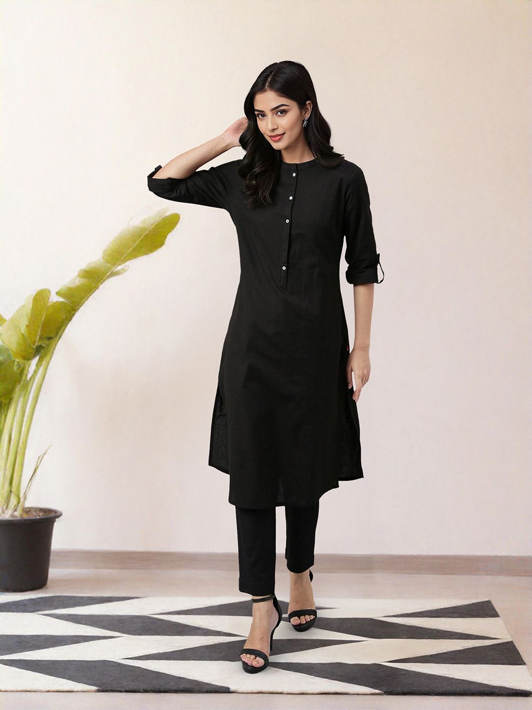 W Women Black Solid Mandarin Collar Cotton Kurta