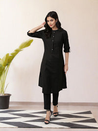 W Women Black Solid Mandarin Collar Cotton Kurta