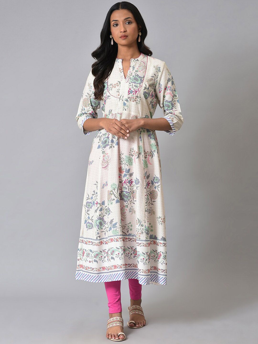 W Floral Printed Band Collar Anarkali Kurta