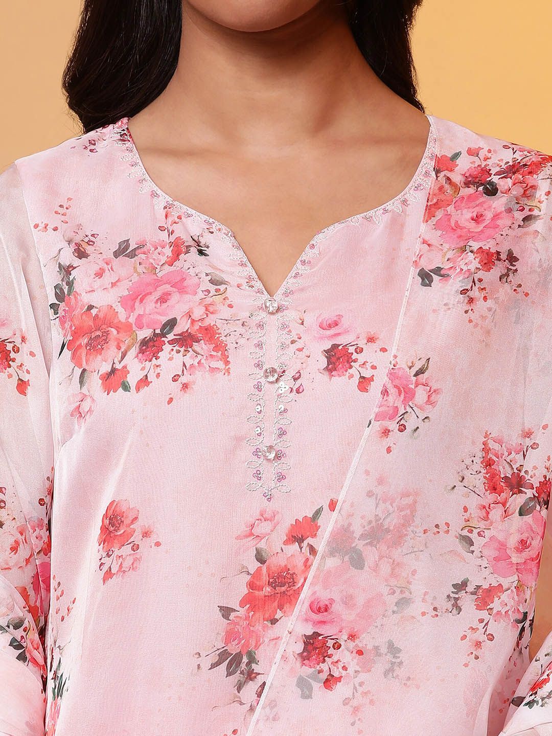 AURELIA Floral Printed Regular Thread Work Straight Kurta with Trousers & Dupatta