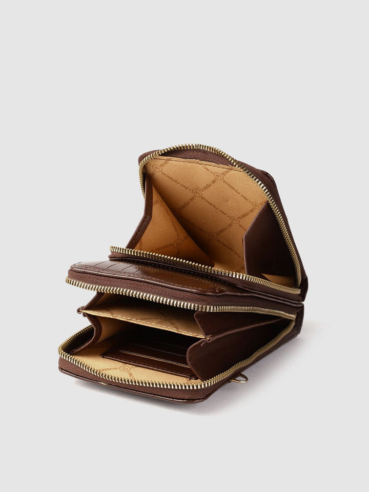 Lino Perros Coffee Brown Croc Textured Structured Sling Bag with Detachable Sling Strap