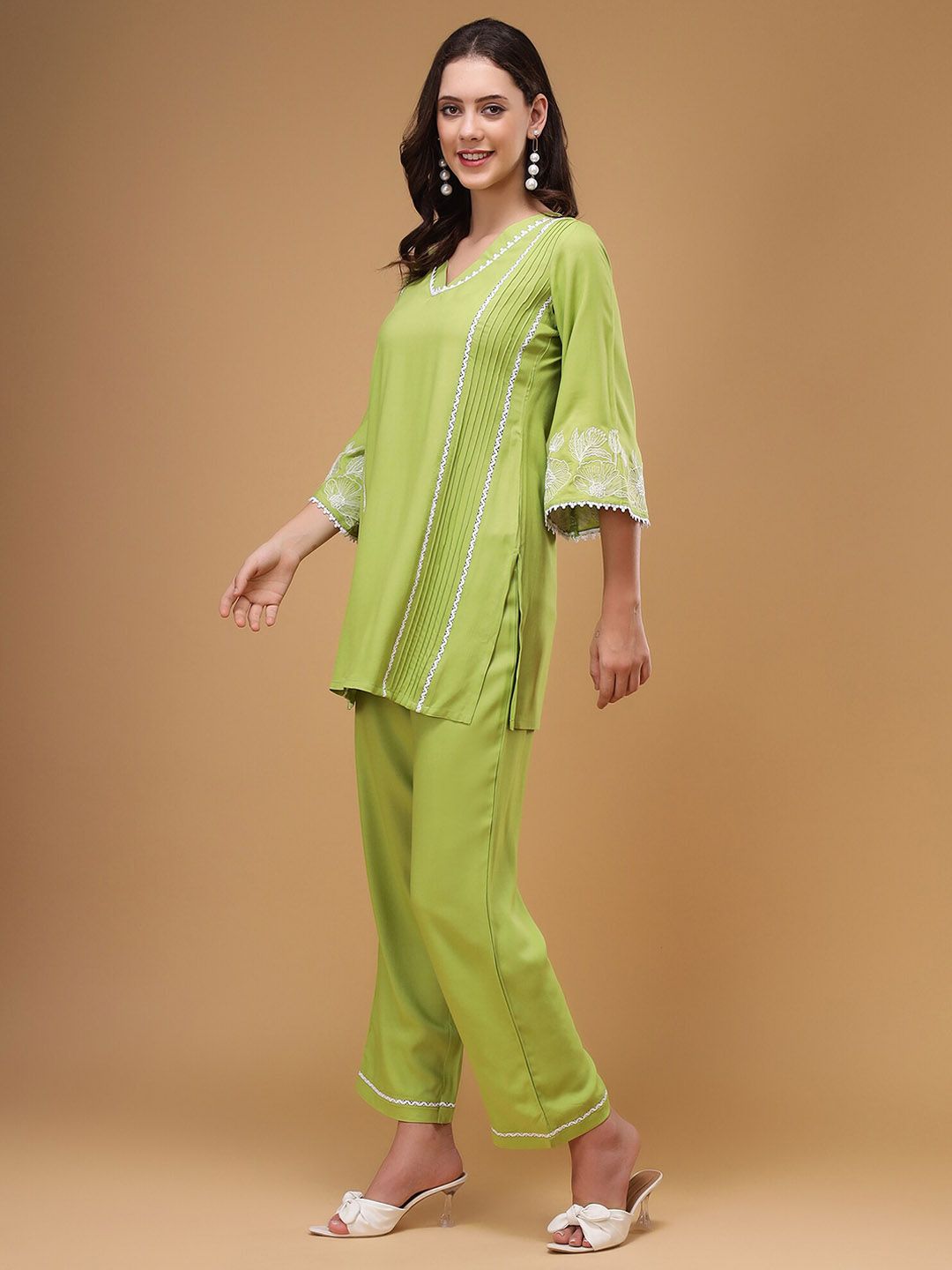 Bani Women Floral Embroidered V-Neck Lace Top & Flared Trouser