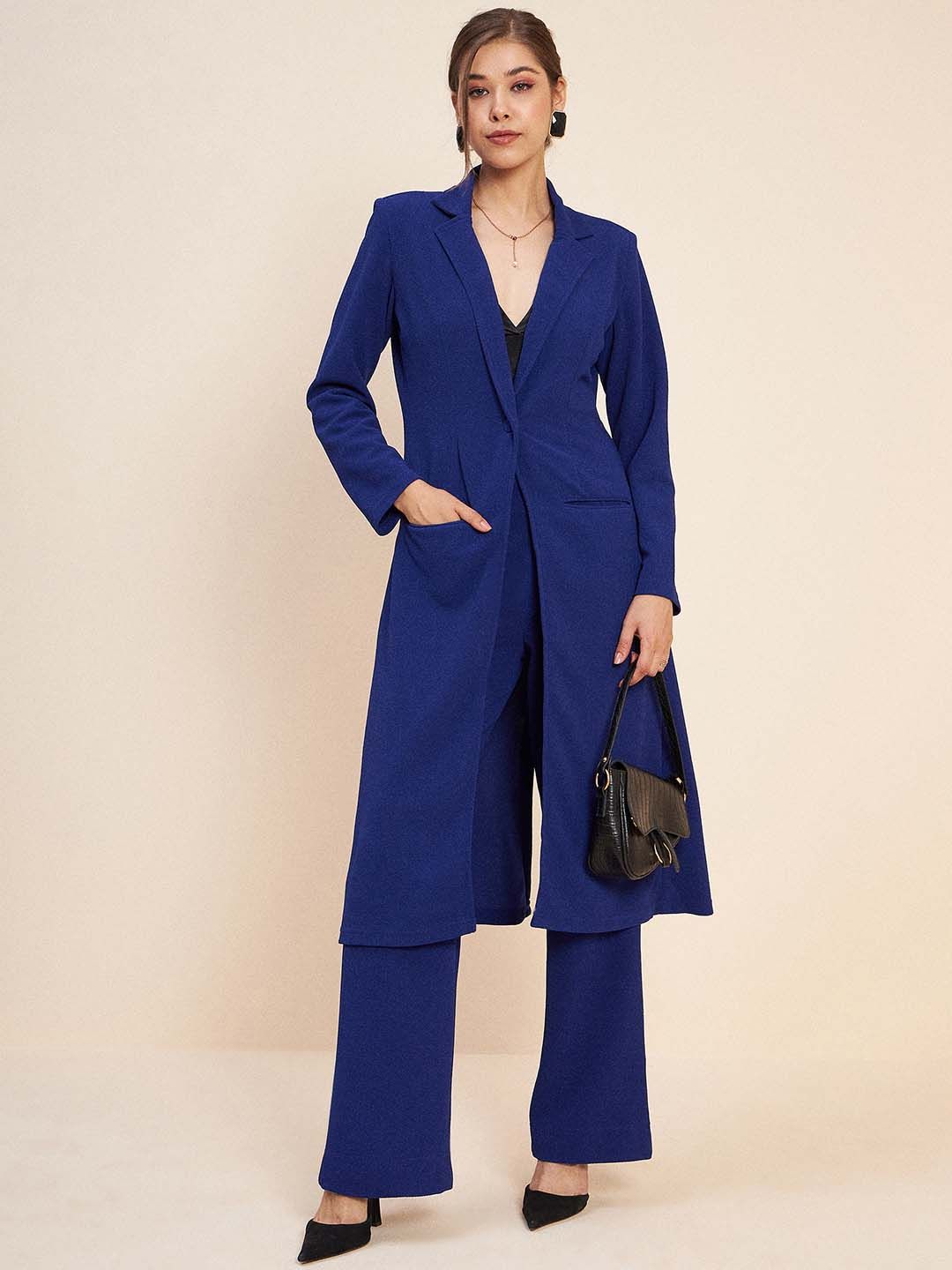 Antheaa Blue Longline Coat & Trousers Co-Ord Set
