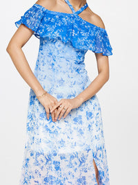AND Floral Printed Halter Neck Cold-Shoulder Ruffled Maxi Dress