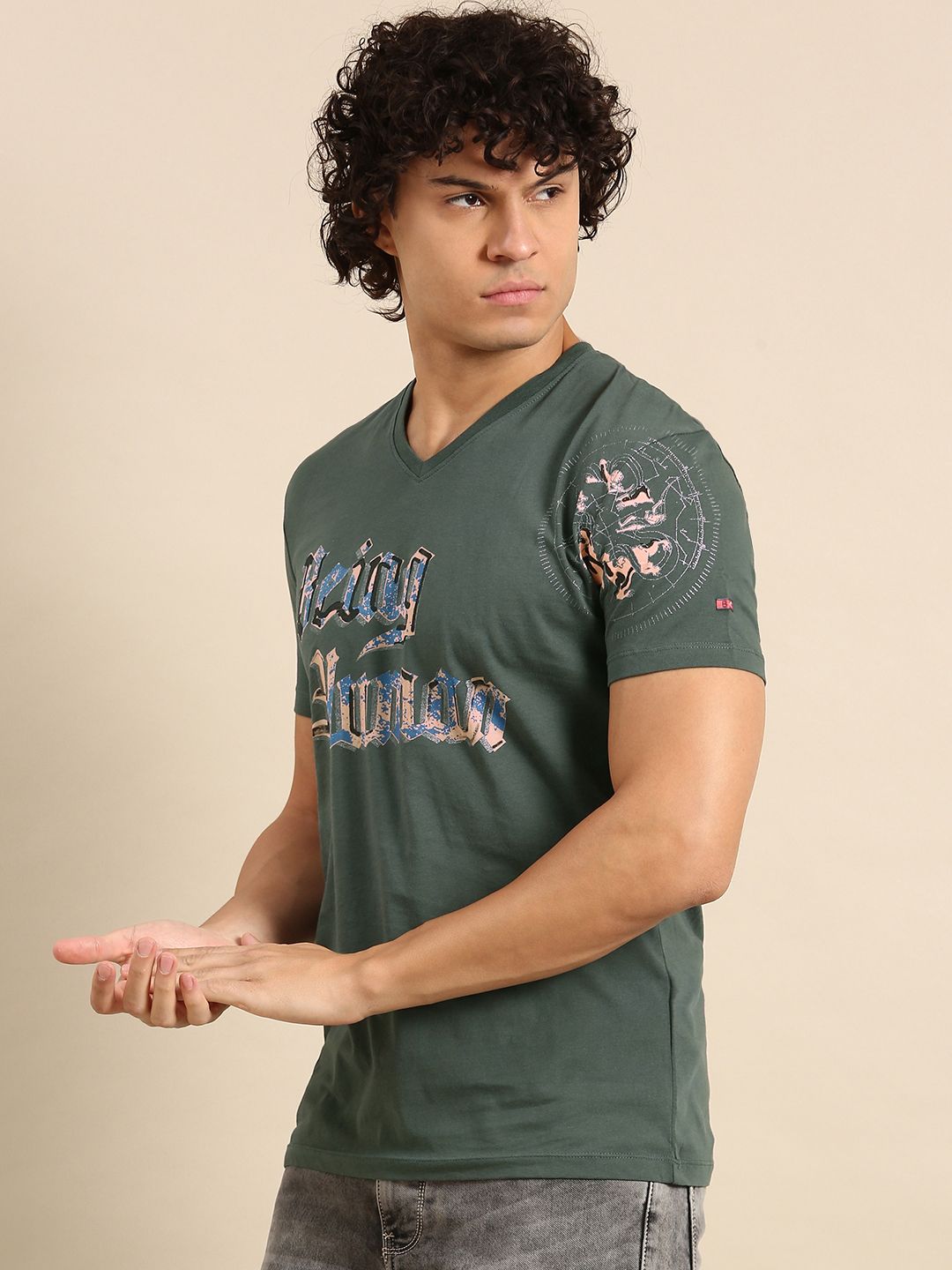 Being Human Graphic Typography Printed V-Neck Pure Cotton Slim Fit T-shirt