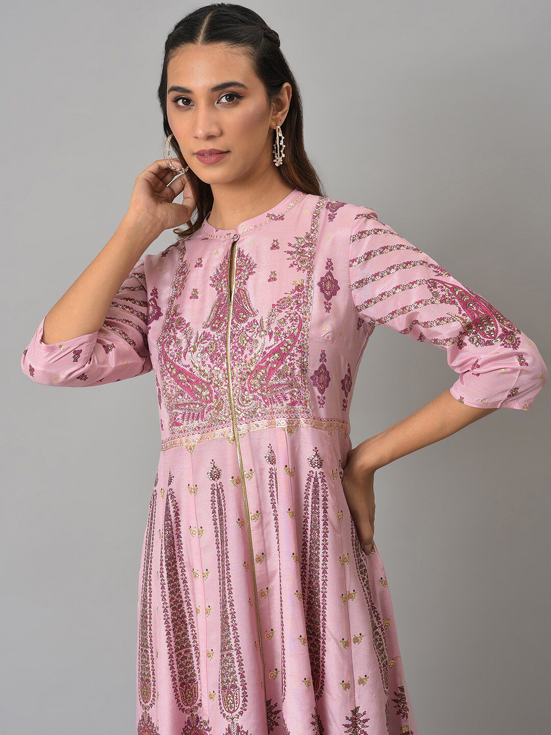 W Pink Ethnic Motifs Midi Fit And Flare Ethnic Dress