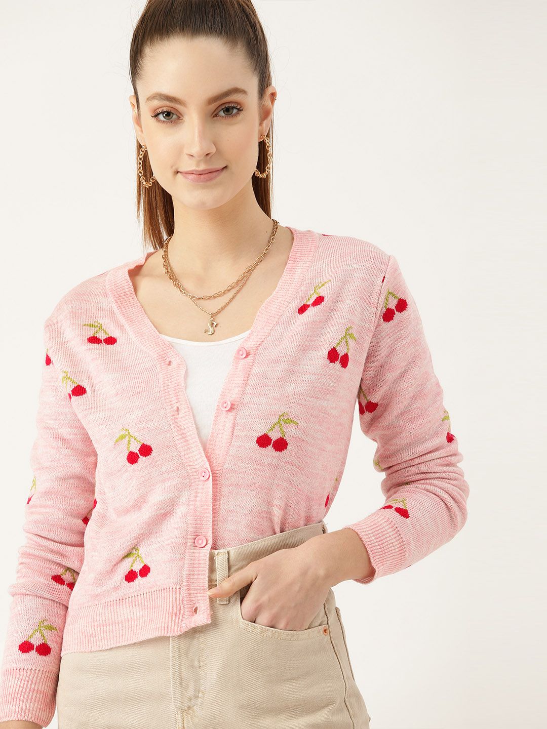 DressBerry Women Pink Self-Design Cardigan