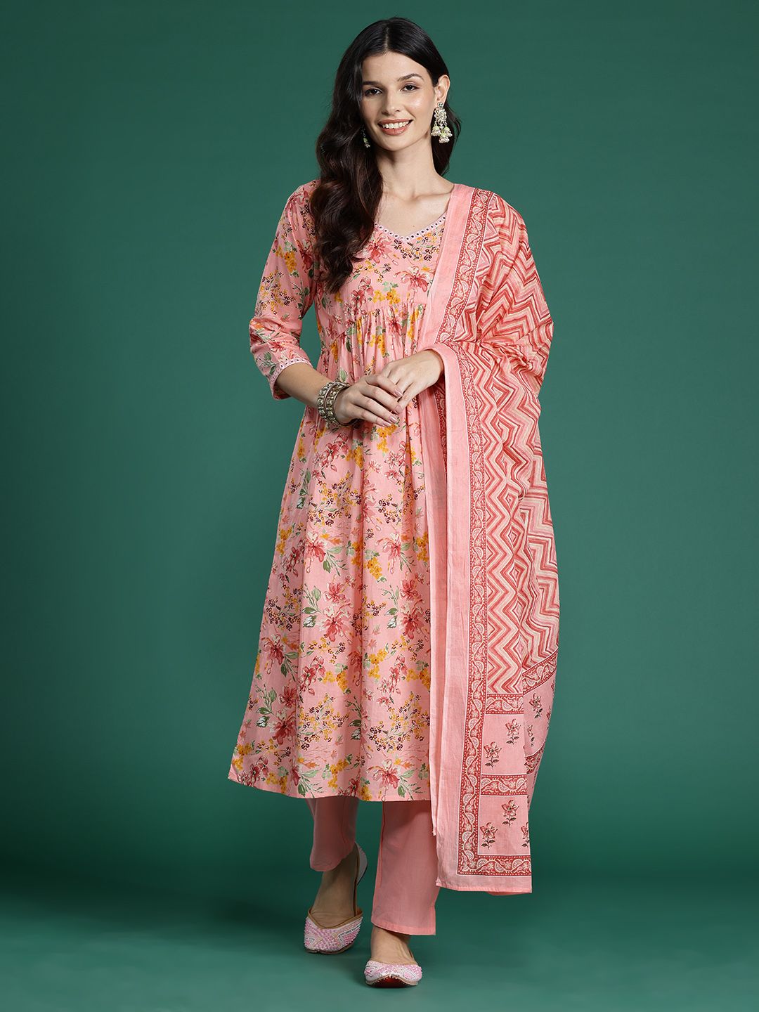 Indo Era Floral Printed Empire Mirror Work Pure Cotton Kurta With Trousers & Dupatta