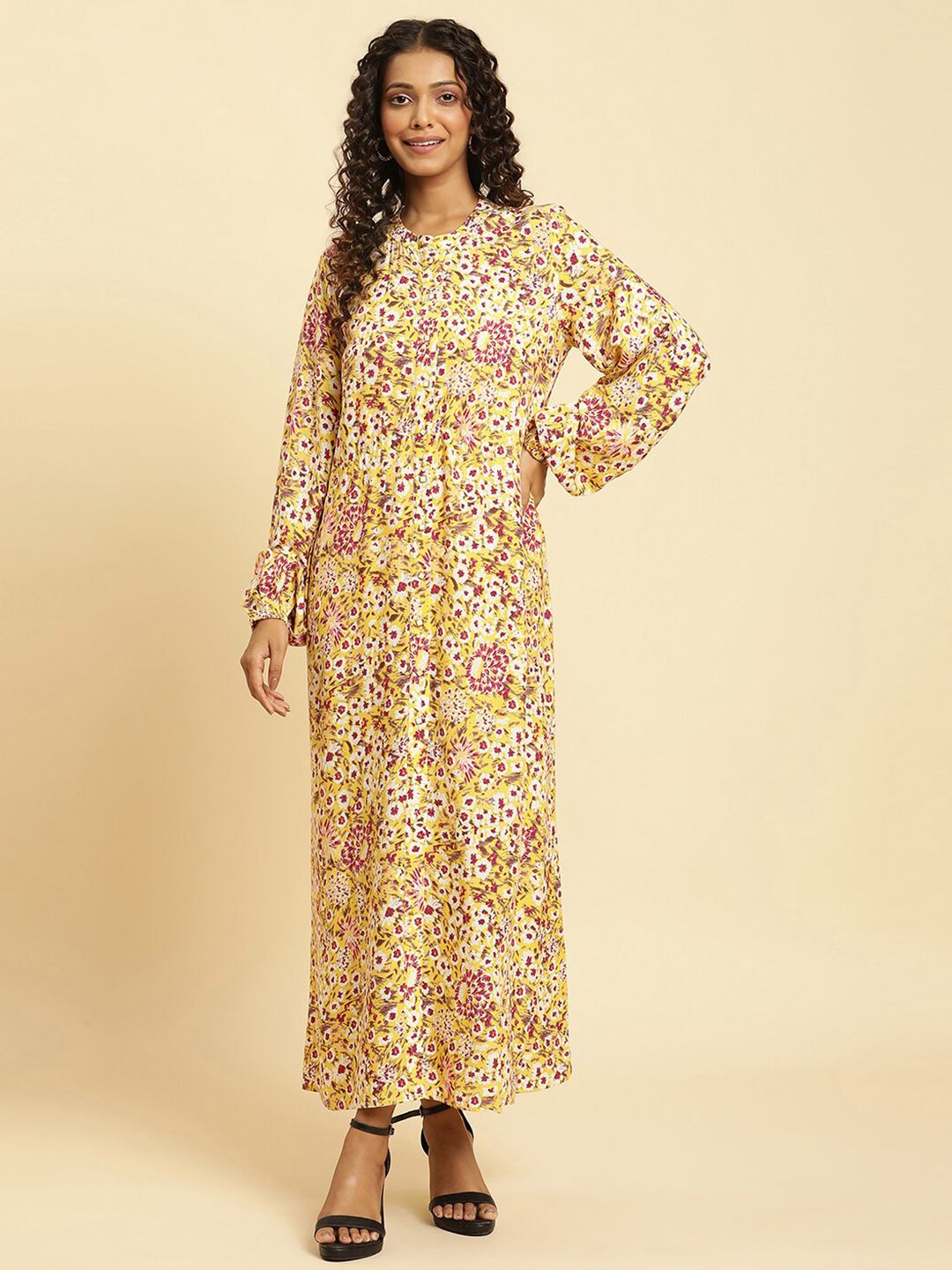 W Floral Print Puff Sleeve Maxi Dress