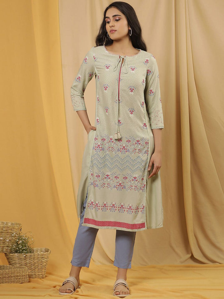 W Floral Printed Tie-Up Neck A-Line Kurta with Trouser