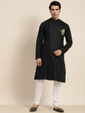 Anug by SOJANYA Men Black Thread Work Band Collar Pure Cotton Kurta