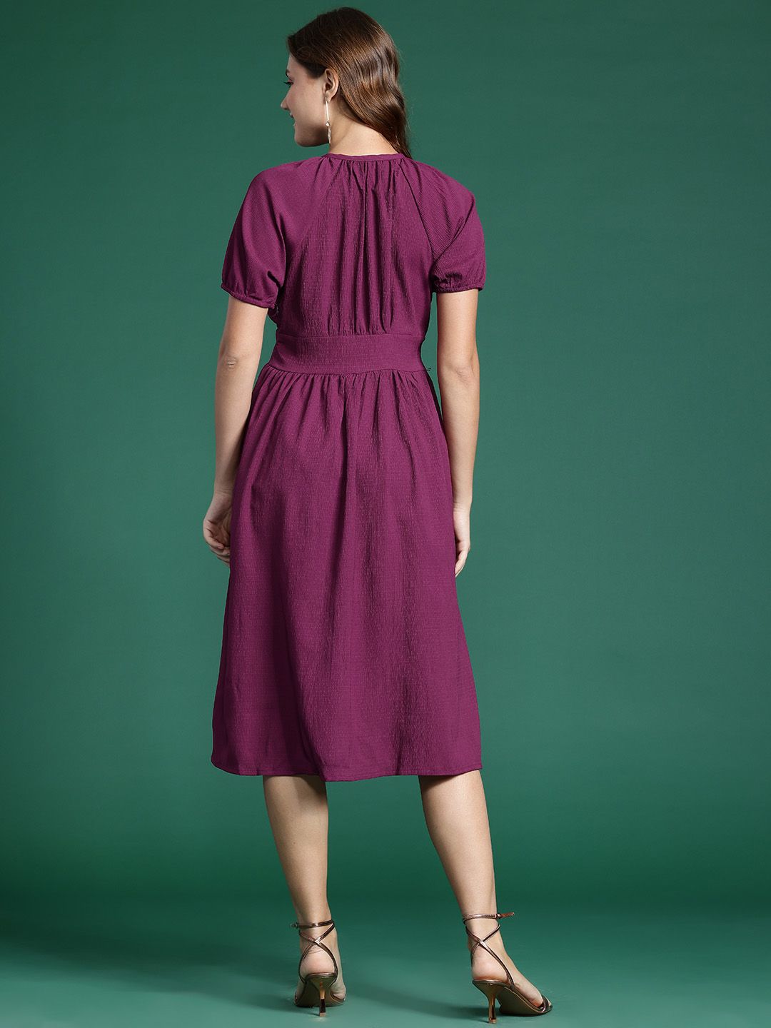 DressBerry Tie-Up Neck Puff Sleeve Fit & Flare Dress