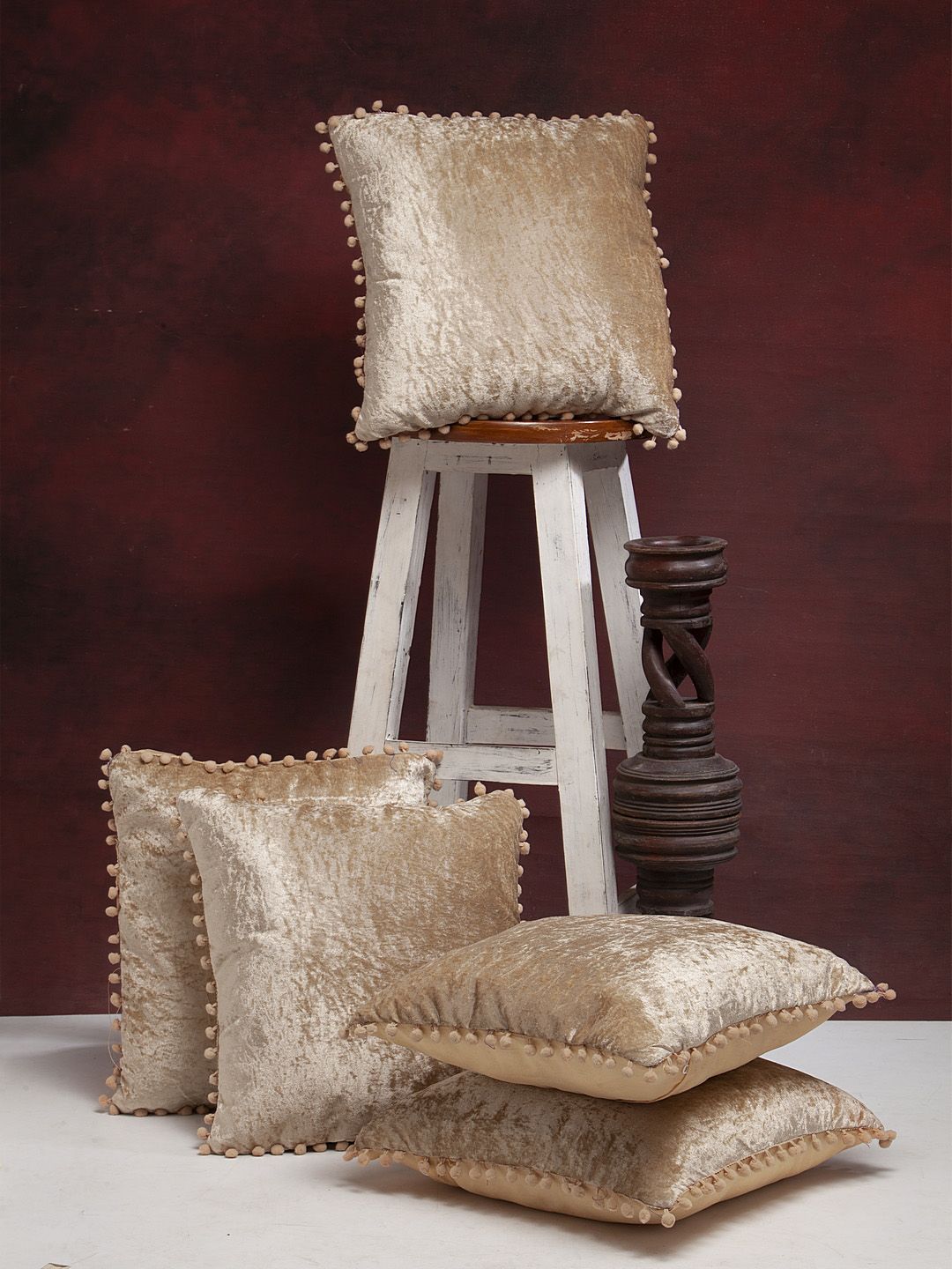 HOSTA HOMES Beige Set of 5 Solid Square Velvet Cushion Covers With Pom Pom