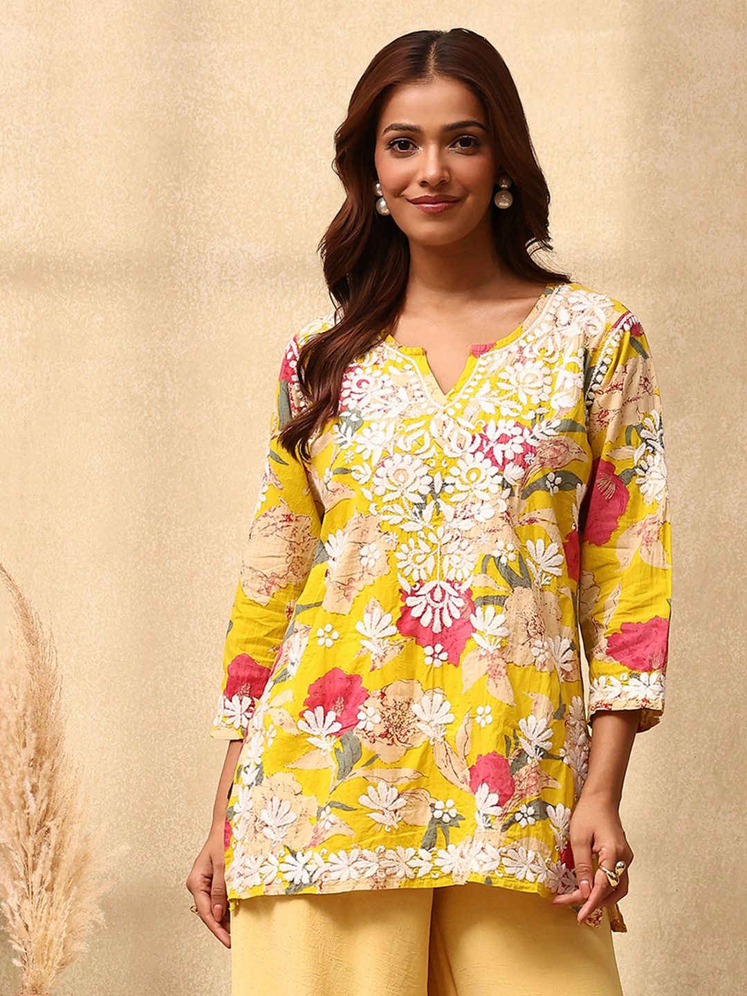 Rumah Wanita Chikankari Cotton Kuning Chikankari Sulam Kurta