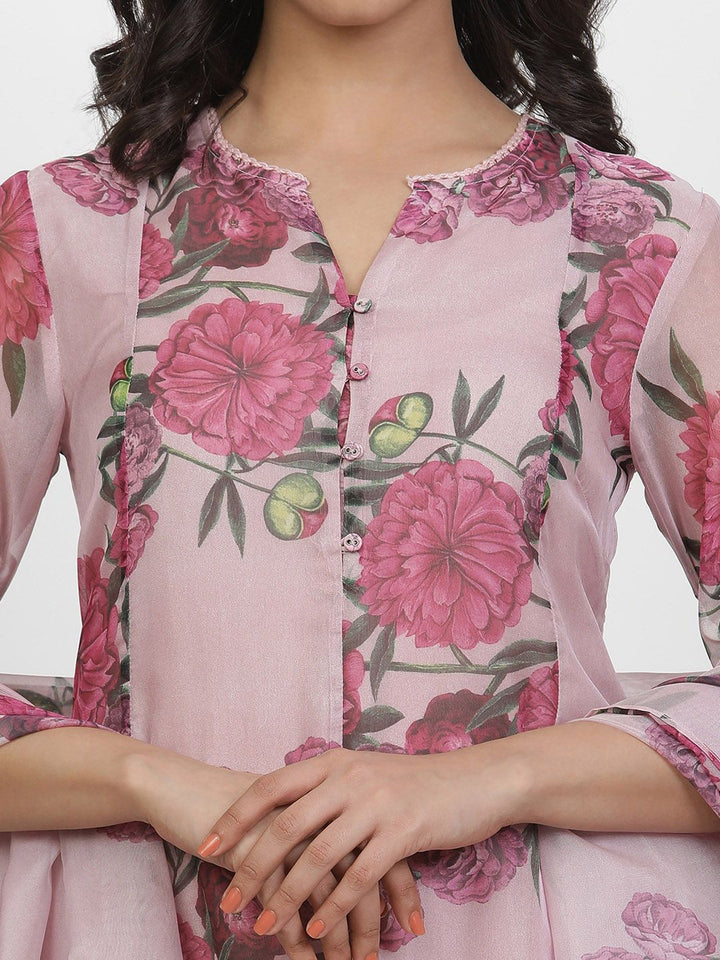 W Floral Printed Regular Three-Quarter Sleeves Organza Kurta with Trousers & With Dupatta