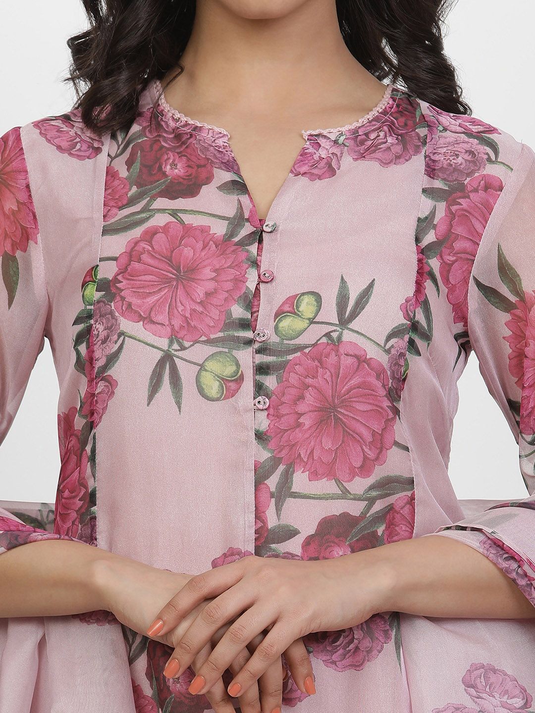 W Floral Printed Regular Three-Quarter Sleeves Organza Kurta with Trousers & With Dupatta