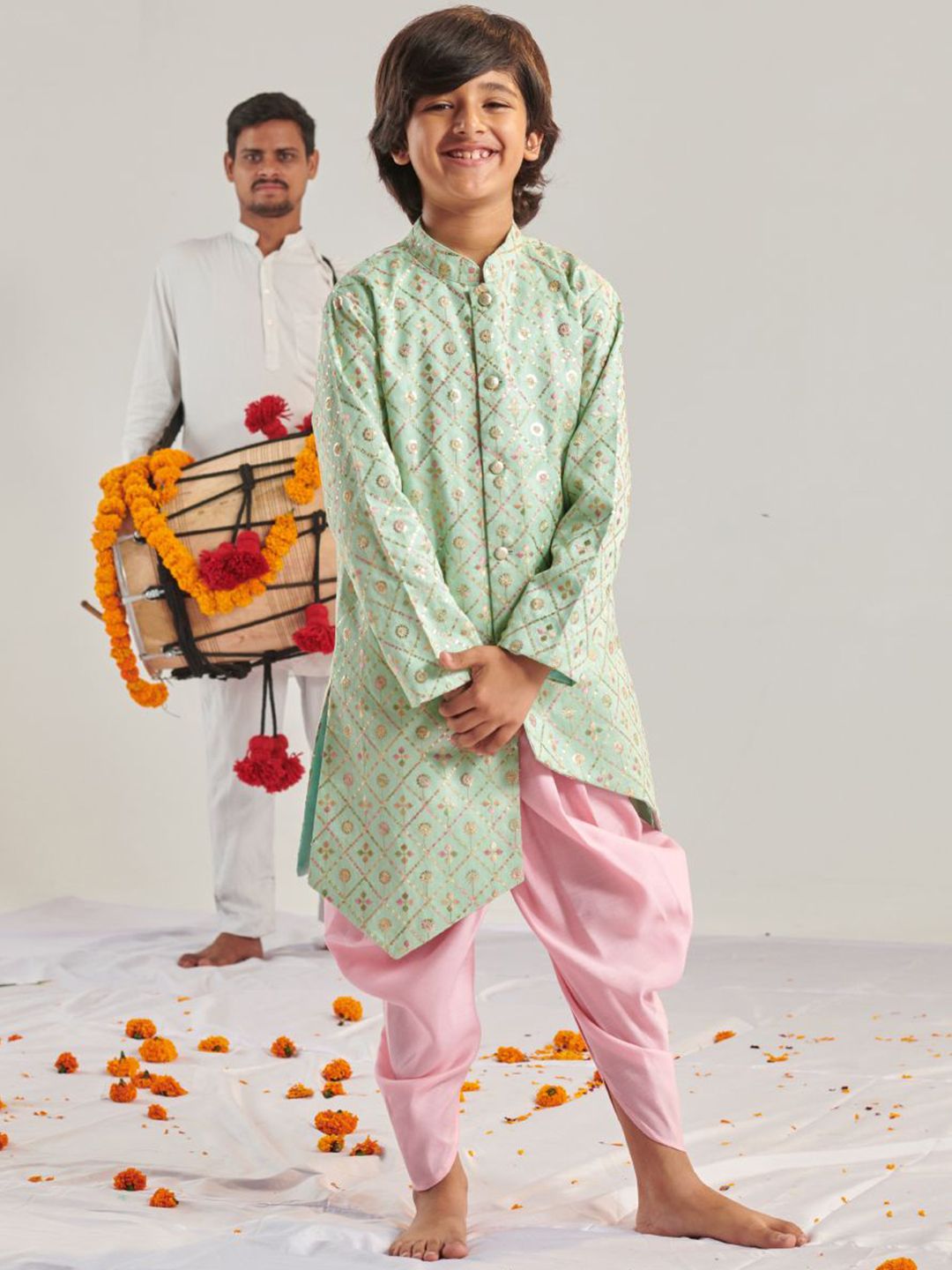 pspeaches Boys Ethnic Motifs Embroidered Regular Thread Work Kurta with Dhoti Pants